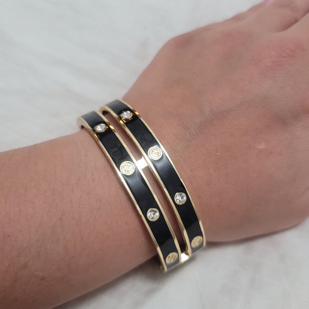 Screw Bracelet Black Enamel and Rhinestones Clamp Closure